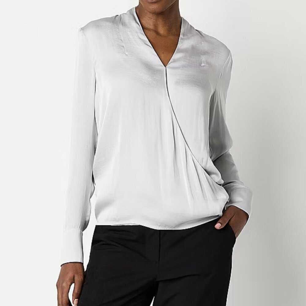 Worthington Women's V Neck Long Sleeve Wrap Satin Shirt Size XXL Silver NWT $48